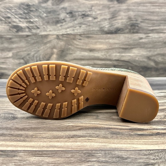 NIB Lucky Brand Vacob 9M Open Toe Perforated Block Heel Ankle Bootie Olive Suede - Picture 8 of 13